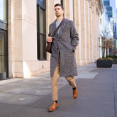 CapToe Honey worn by model paired with light tan dress pants and overcoat