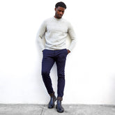 model wearing the chelsea obsidian with dark pants and light sweater