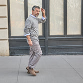 model wearing the chelsea slate with gray outfit