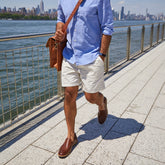 The Loafer in Chestnut Brown by Amberjack - worn with shorts and blue button up