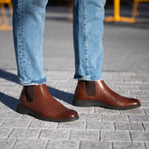 the chelsea chestnut & mocha on model with jeans