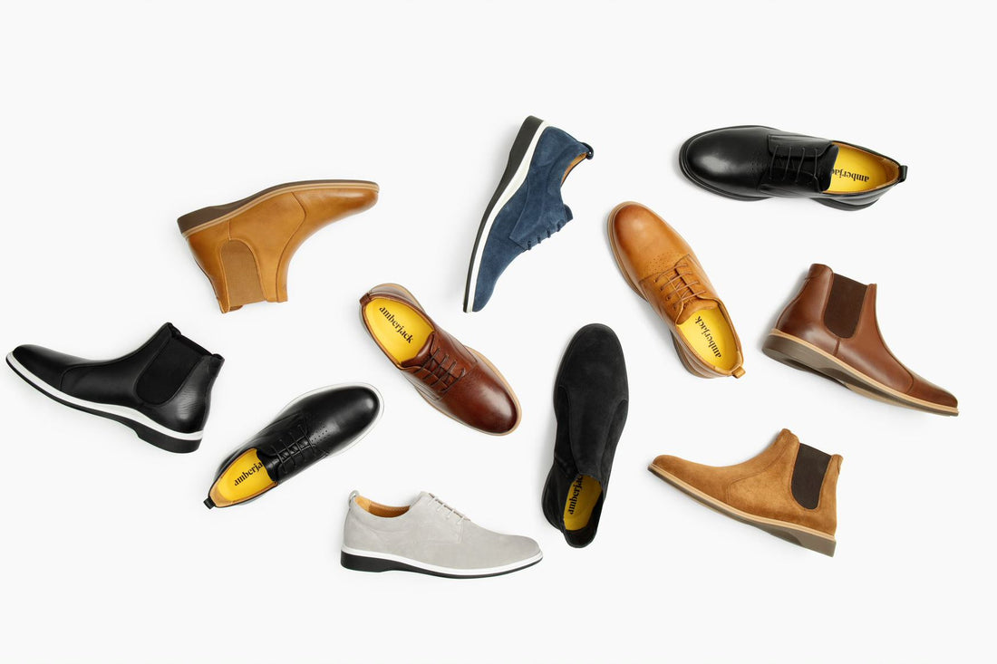 A collection of leather and suede office shoes for men from Amberjack