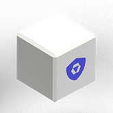 A white box with a blue shield logo on the front of it